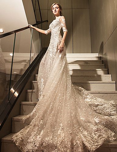 A Line Scoop Neck Cathedral Train Tulle Wedding Dress With Crystal