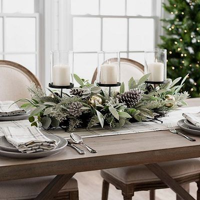 Eucalyptus Pine Cones And Ornaments Centerpiece Christmas Table Centerpieces Christmas Dining Table Christmas Dining Table Decor