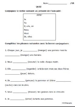 french regular er verbs verb conjugation quiz 1 present tense test assessment verb conjugation french verbs conjugation verb worksheets