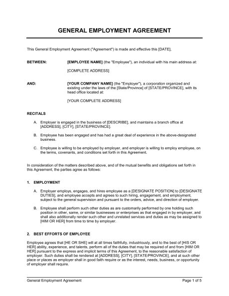 Employment Agreement General - Template \ Sample Form Biztree - employment contract template Employment Agreement General - Template \ Sample Form Biztree - employment contract template