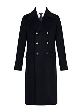 Mens Black Wool /& Cashmere Pea Coat Double Breasted Heavy Warm Winter Overcoat