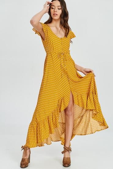 mustard polka dot maxi dress