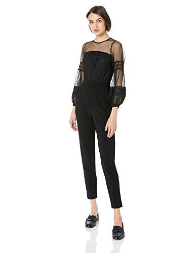 French Connection Womens Black Lace and Sheer Fitted Straight Leg Jumpsuit