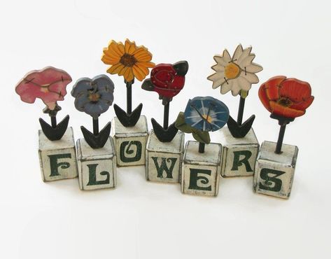 Vintage Rustic Wood Hand Painted Flower Blocks Garden Floral Spring Easter Decor Colorful Flowers De