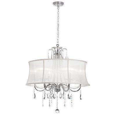 6 Light Crystal Chandelier, Polished Chrome, White Organza Drum Shade 6 Light Crystal Chandelier, Polished Chrome, White Organza Drum Shade