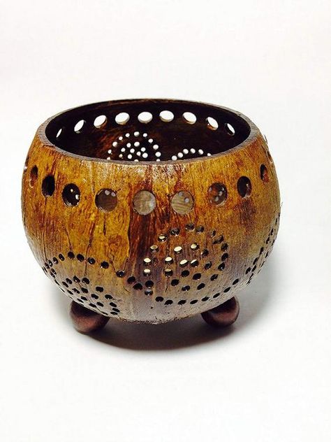 Coconut Shell Tealight Holder Pot Lotus Shape Hand Carved Flower Wooden Vase