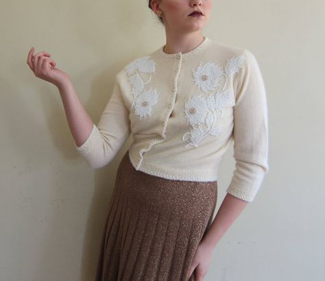 Vintage Beaded Sweater Holiday Bronze Beads Creamy White Wool Sweater Elegant Evening Wear Cocktail