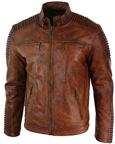Mens Leather Jacket Motorcycle Bomber Biker Real Lambskin Leather Distress Brown Vintage Jacket for Men