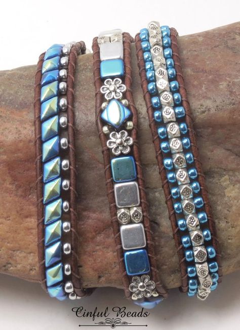 Denim Blue Bracelet Czech Tile Bead Bracelet Gift for Her Square and Circle Bracelet Denim /& Leather Tone Beaded Bracelet