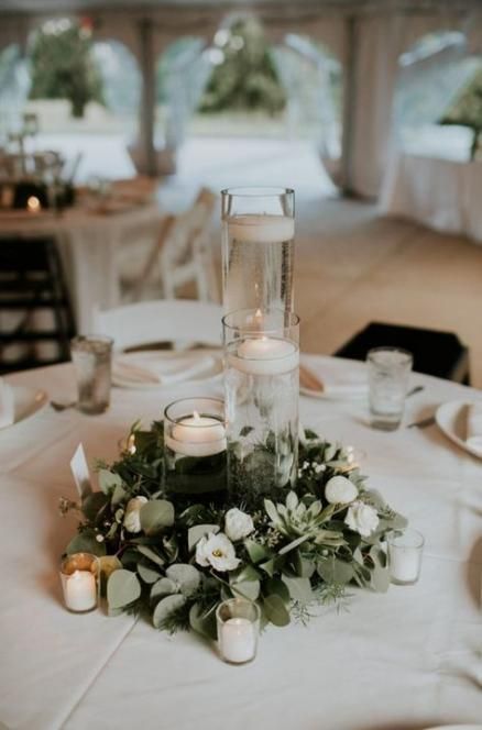 Round Table Centerpiece But More Loose Not Perfect Circle Wedding Centerpieces Candles Wedding Table Centerpieces, Centerpiece Ideas For Round Tables