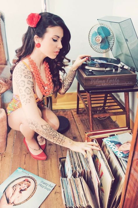 Girl retro tattoo pigtails