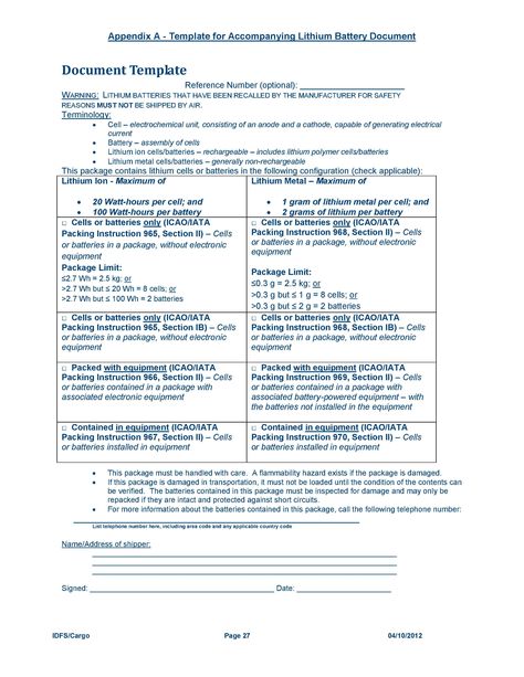 Template for Accompanying Lithium Battery Document (IATA - end user documentation template Template for Accompanying Lithium Battery Document (IATA - end user documentation template