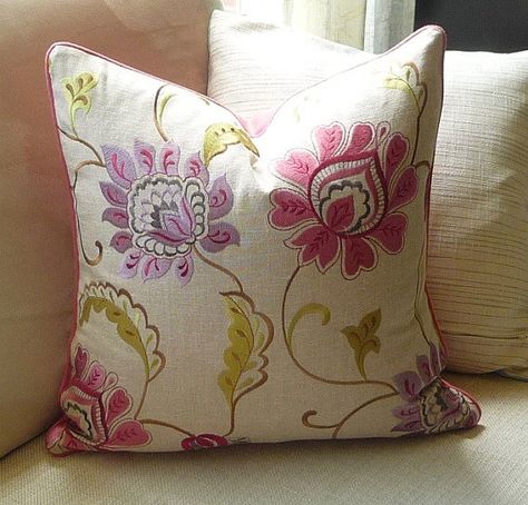 Sasha Berry Tropical Floral Embroidery Pink Throw Pillows Cover Couch, Beaded