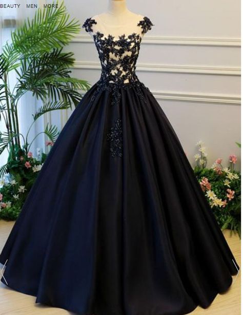 Black Sheer Round Neck Lace Appliqués Satin Princess Ball Gown, Prom ...