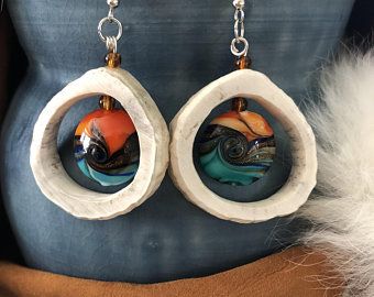 Carved antler earrings Hand Painted Feather Antler Earrings dangle earrings