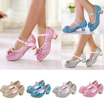 Princess Dancing Shoes Kids Sequins Sandals Mid Heels Dress Shoes Girls New