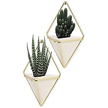 Love-KANKEI Wall and Desk Planters Vase White Ceramic and Copper Succulent Air Plants Mini Cactus Artificial Flowers Hanging Geometric Wall Decor Planter Pots