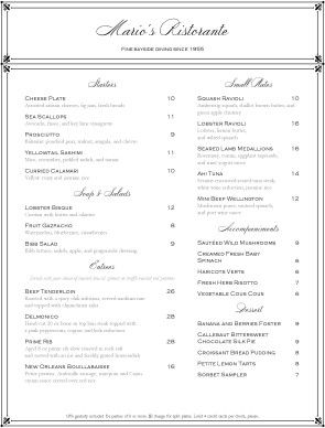 the elegant fine dining menu features a border tipped in flourishes fancy restaurant menu