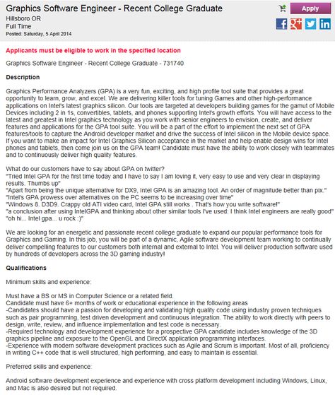 Check out this #employment opportunity from Intel! Graphics - software engineer job description Check out this #employment opportunity from Intel! Graphics - software engineer job description