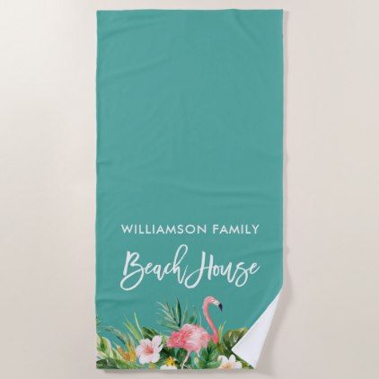 Brush Script Tropical Floral Family Beach House Beach Towel Zazzle Com Custom Beach Towels Beach Towel Tropical Floral