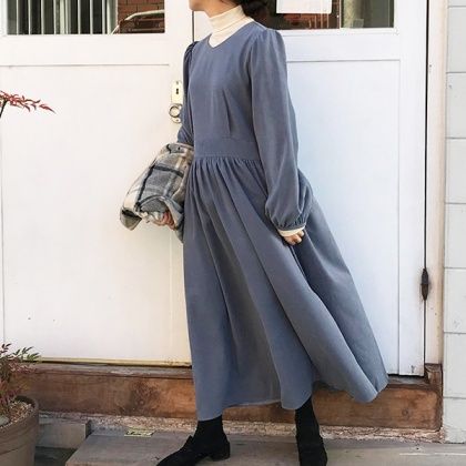 レトロ無地ラウンドネックゆったり合わせやすいロングワンピース レトロ無地ラウンドネックゆったり合わせやすいロングワンピース