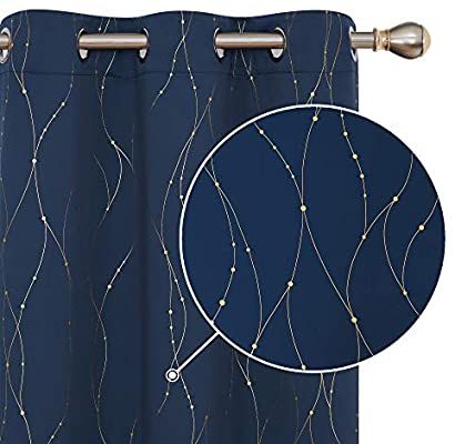Com Deconovo Grommet Blackout Curtains Golden Wave Line With Dots Foil Print Design For Blue And Gold Art Deco Bedroom Art Deco Curtains, Art Deco Curtains Blue