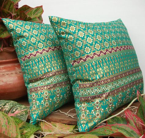 Green Teal Gold Pillow Cover Thai Decorative Pillows | Lime green