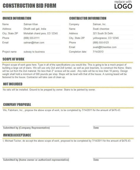 Printable Blank Bid Proposal Forms Construction Proposal Bid Form