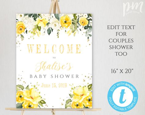 Printable Personalized Yellow White Silver Large Welcome Board Baby Shower Welcome Sign PDF Template Digital Download Signage 0061