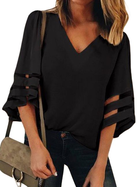 S-2XL Biucly Womens Casual V Neck Short Bell Sleeve Tops Wrap Floral Print Tunic Summer Blouse Shirts