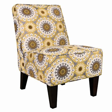 A yellow and grey print accent chair is easy to add into any room
