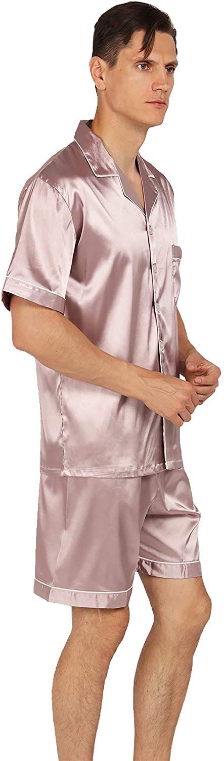 YIMANIE Mens Satin Pajamas Set Short Sleeve and Shorts Classic Sleepwear Loungewear