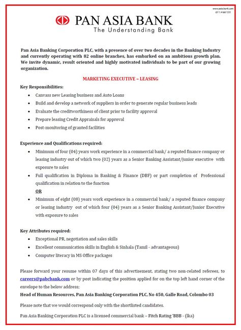 Marketing Executive-Leasing at Pan Asia Banking Corporation PLC - sales marketing executive job description Marketing Executive-Leasing at Pan Asia Banking Corporation PLC - sales marketing executive job description