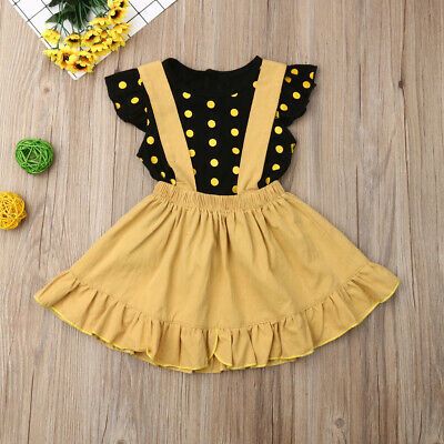 Theshy 3Pcs Toddler Infant Baby Girls Dot Print Tops T Shirt Strap Skirt Outfits Set Girls Clothing Childern Clothes