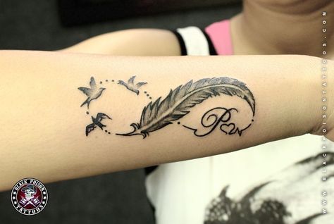 Cool Feather Tattoo With Birds And Letter P With Heart In Shape Of