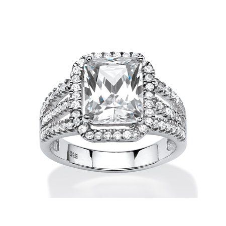 Sterling Silver Size 6 Ring with Sparkly Emerald Cut Cubic Zirconia and two Round Stones on the Sides