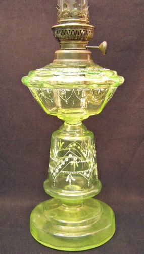 Decorated Vaseline Bohemian Oil Lamp Antique Lamps Glass Decorated Vaseline Bohemian Oil Lamp, Large Hurricane Lamp Vaseline Glass