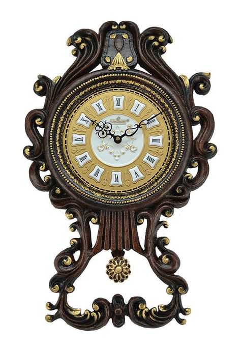 Polished Antique Polyresin Hand-Painted Table Clock w// Swinging Pendulum