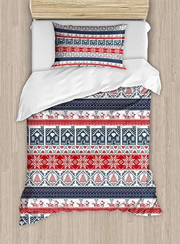 Big Buy Store Nordic Duvet Cover Scandinavian Inspirations Winter Stitch Gingerbread House And Tree Sleigh Decorative 4 Piece Bedding Set Duvet Covers Duvet