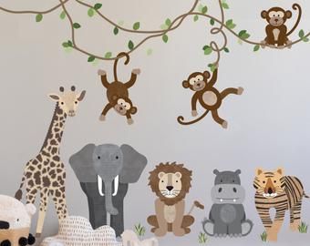 Monkey Decals AOC Elephant Monkey Elephant Wall Decal Safari Decals Repositionable Monkey Decal