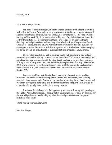 May 19, 2015 To Whom It May Concern, My name is Jonathan Hogue - cover letter recent graduate May 19, 2015 To Whom It May Concern, My name is Jonathan Hogue - cover letter recent graduate