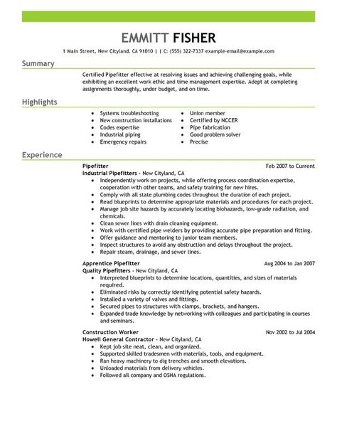 Resume Sample For Pipefitter - resumesdesign/resume