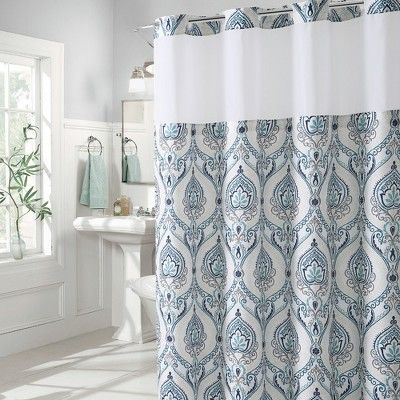 French Damask Shower Curtain With Liner Aqua Hookless C Curtains Printed French Damask Shower Curtain With Liner, Hookless Shower Curtain Liner With Pockets