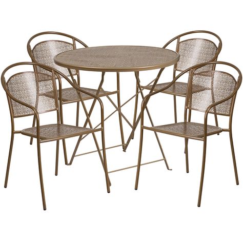 Set Of 5 Round Gold Steel Folding Patio Table And Back Round Gold Steel Folding Patio Table