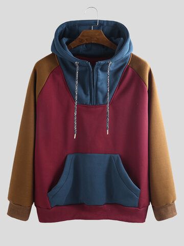 Mens Cool Streetwear Patchwork Color Block Kangaroo Pocket Drawstring Hoodie Hoodies Drawstring Hoodie Street Wear