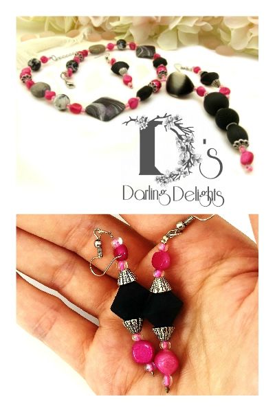Earrings with pink and black wooden beads