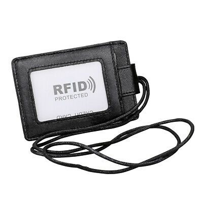 Genuine Leather ID PASSPORT Card Badge Holder Wallet//Pouch Black Neck Strap New