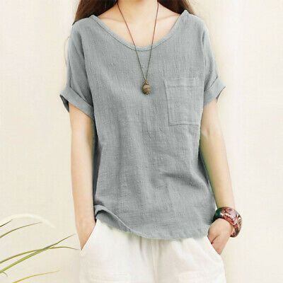 Womens Summer Tops Women Plus Size O-Neck Pullover Short Sleeve Cotton and Linen T-Shirt Blouse Womens Tops