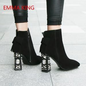 Women Rhinestone Suede Ankle Boots Chunky Block Heel Pointed Toe Booties Shoes Women Rhinestone Suede Ankle Boots Chunky Block Heel Pointed Toe Booties Shoes