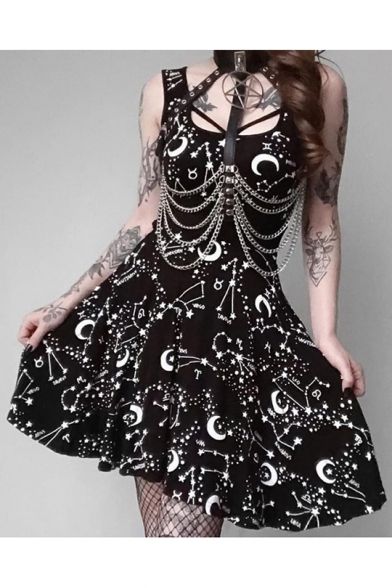 Gothic Punk Chain Cami Dress Night Sky Star Moon Print Empire Waist Zipper Mini Dress